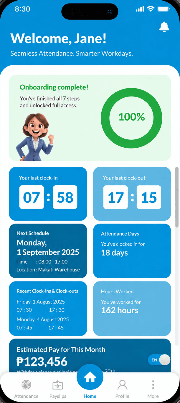 Expedise Workforce App home screen: clock-in times, schedule, attendance days, hours worked and estimated pay